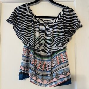 Express Black and White Flutter Sleeve Blouse with Ruffled Smocked Details